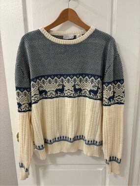 Vintage Rob Winter Cream Blue Fair Isle Reindeer Crewneck Christmas Sweater